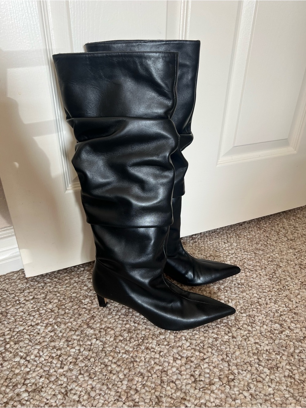Zara Black Slouchy Knee-High Pointed-Toe Boots Size 38